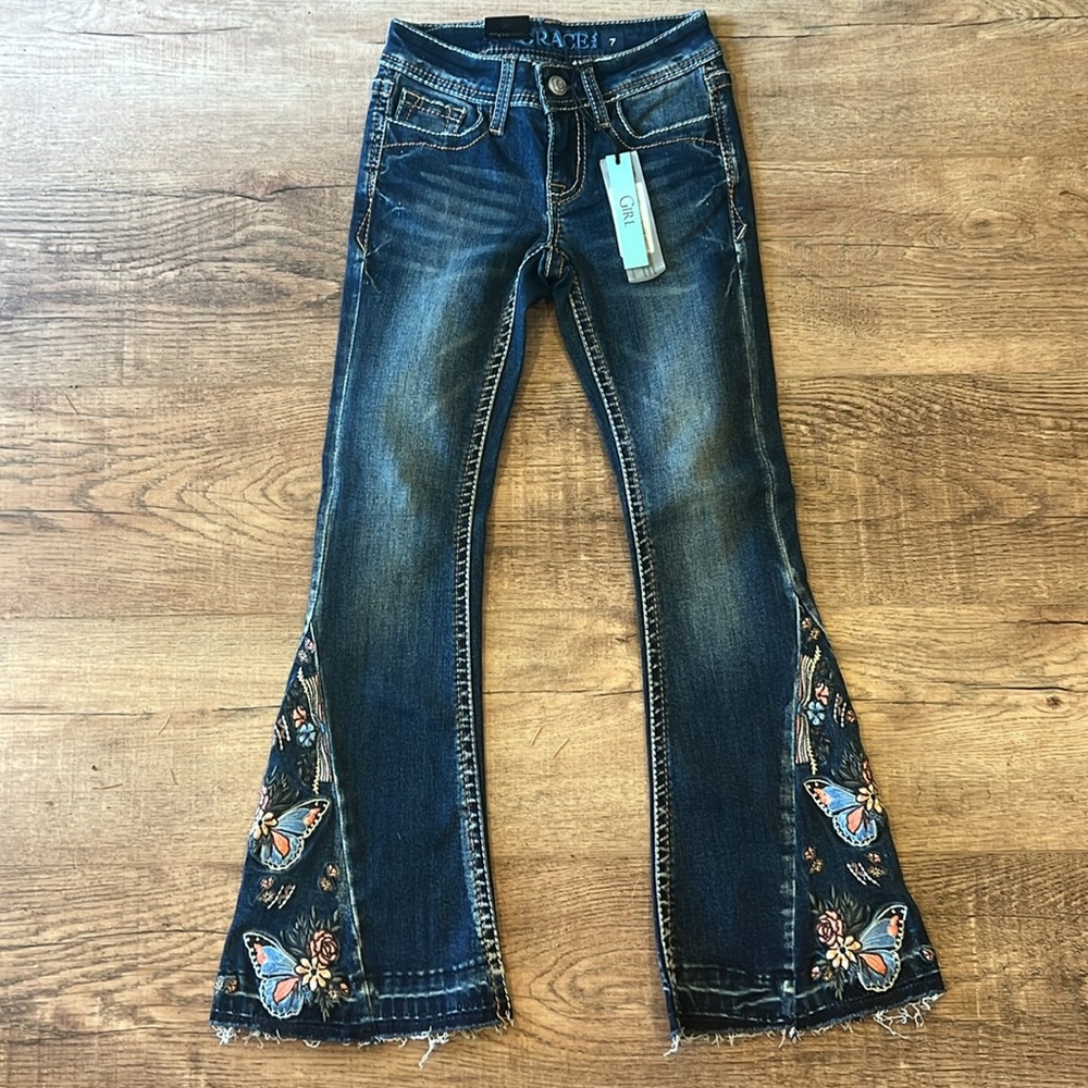 GRACE IN LA | Butterflies/floral embroidery raw hem flare jeans #GL-61881
